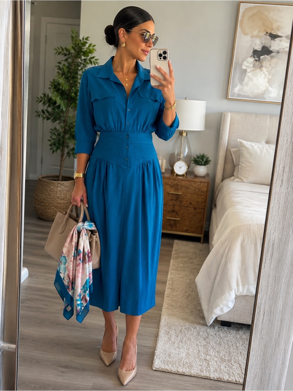 Vintage NaturElle 100% Silk Teal Midi Dress + Georgiou Scarf Set Size L - Picture 13 of 13
